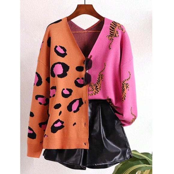 Pink Orange Animal Print Button Down V-Neck Knit Cardigan Stretchy - Picture 1 of 6
